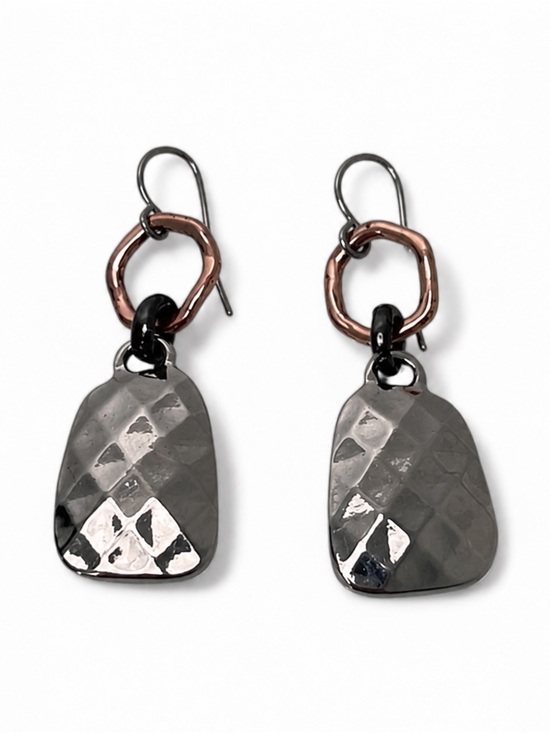 None Jewelry - Hammered Silver Metal Dangle Earrings Bronze Accent